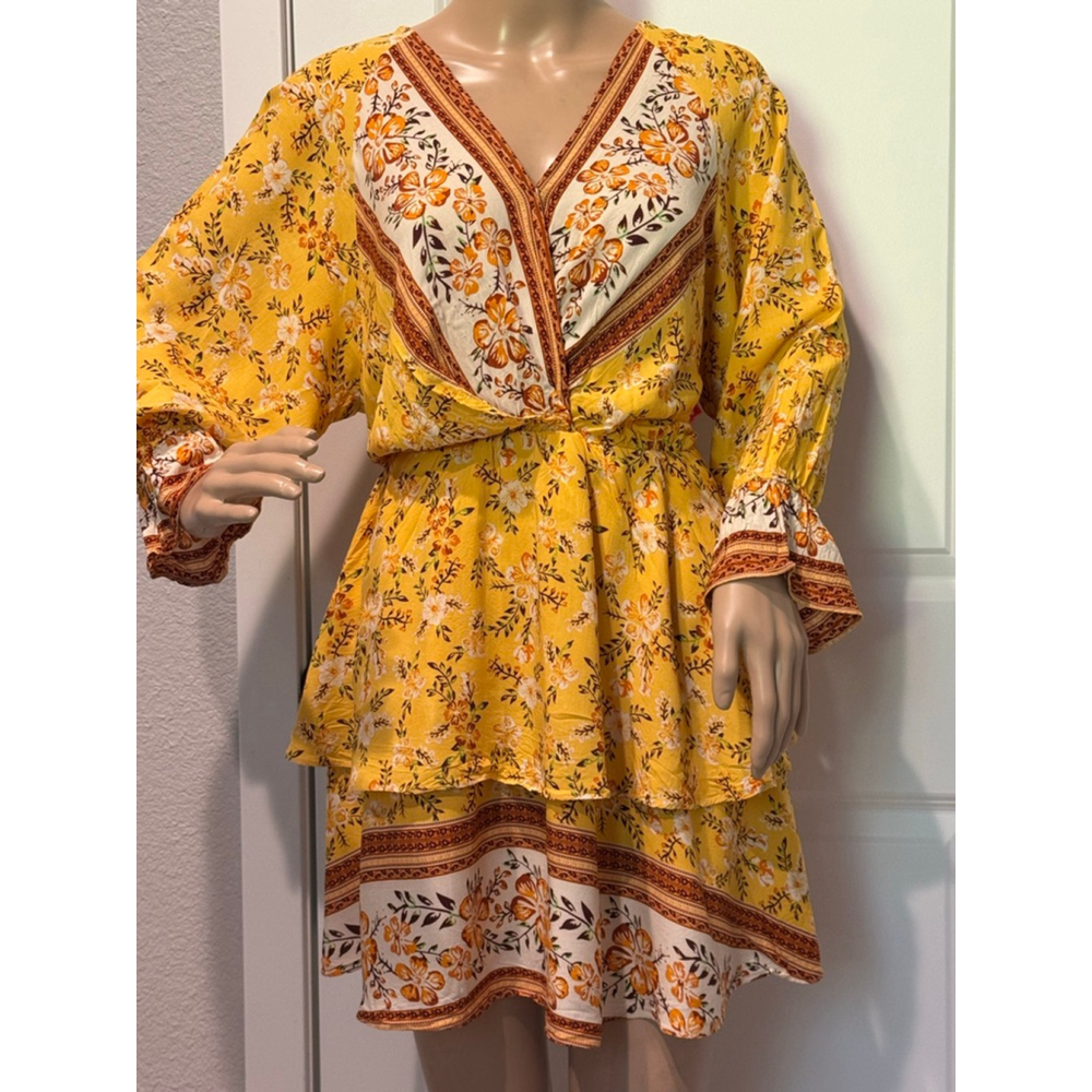 Women's Unbranded Yellow Orange Floral tiered Mini Dress elastic waist M